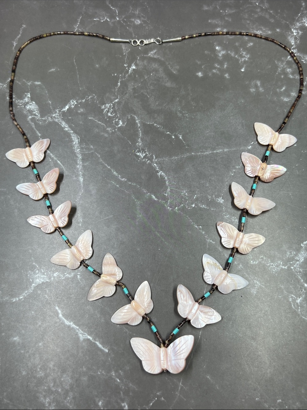 Native American Sterling Mother of Pearl Butterfly Fetish Necklace